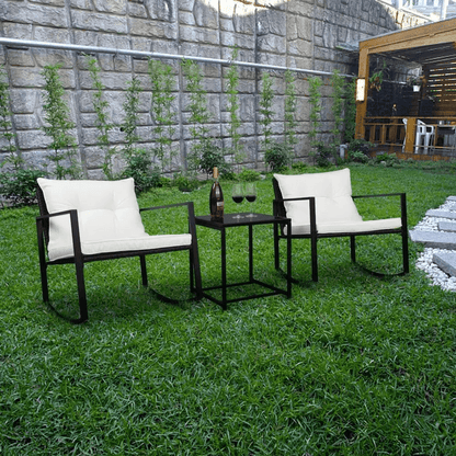 Outdoor Wicker Rocking Chair Set Rattan Patio Furniture Table with Cushions, Weather-Resistant Garden Seating for Deck