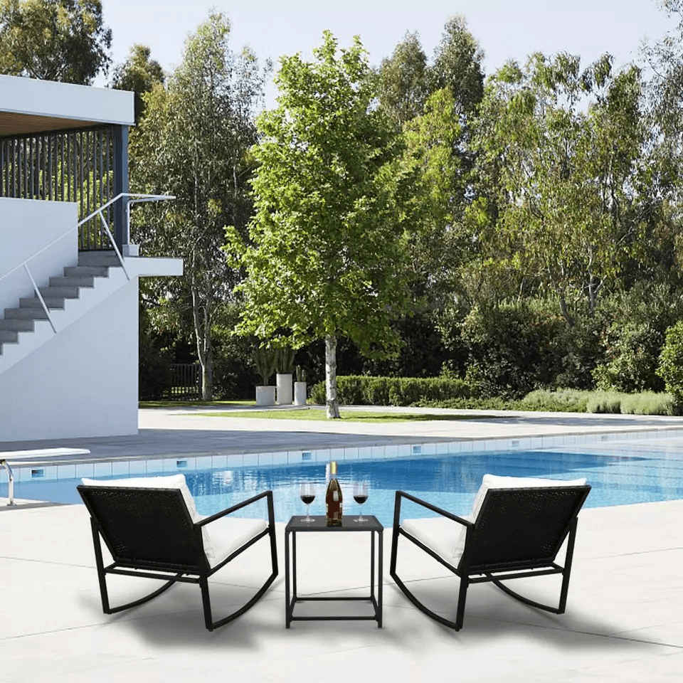 Outdoor Wicker Rocking Chair Set Rattan Patio Furniture Table With Cushions WeatherResistant Garden 2