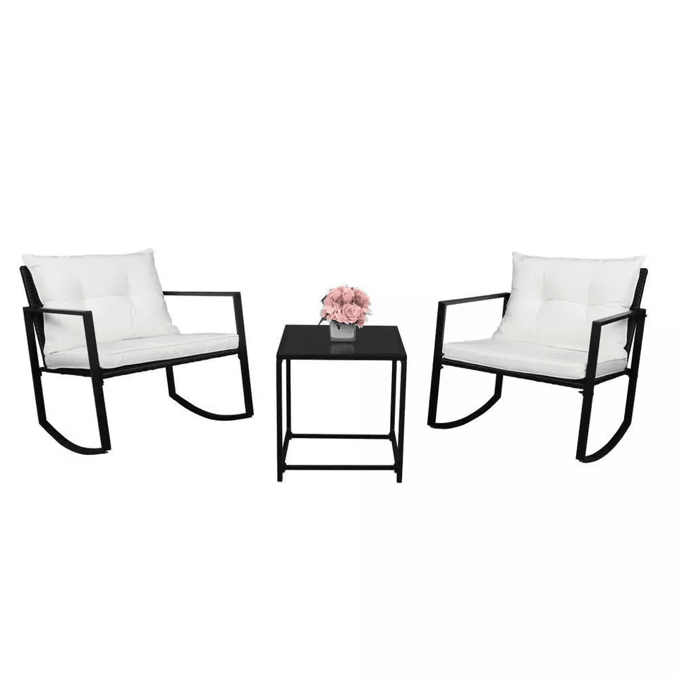 Outdoor Wicker Rocking Chair Set Rattan Patio Furniture Table With Cushions WeatherResistant Garden 1