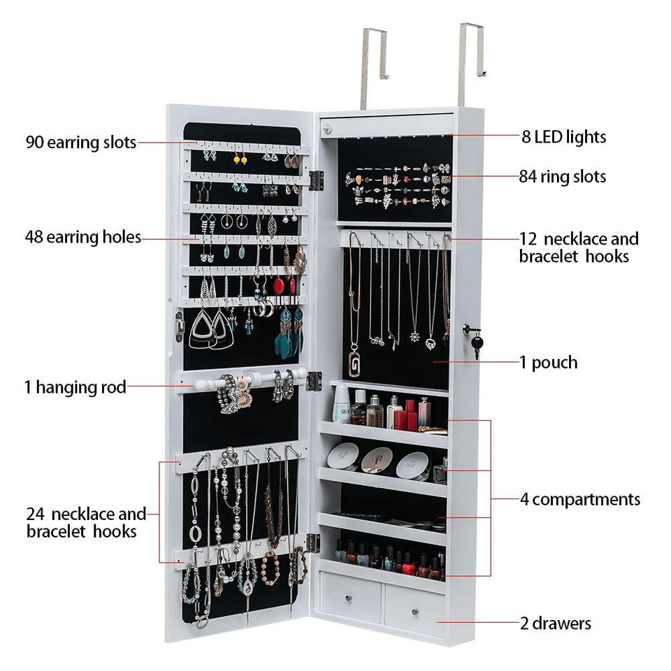 Wall  Door Mounted Mirror Jewelry Cabinet With Lock LED Lighted Armoire Organizer For Secure Storag 4