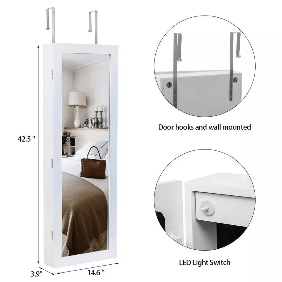 Wall  Door Mounted Mirror Jewelry Cabinet With Lock LED Lighted Armoire Organizer For Secure Storag 3