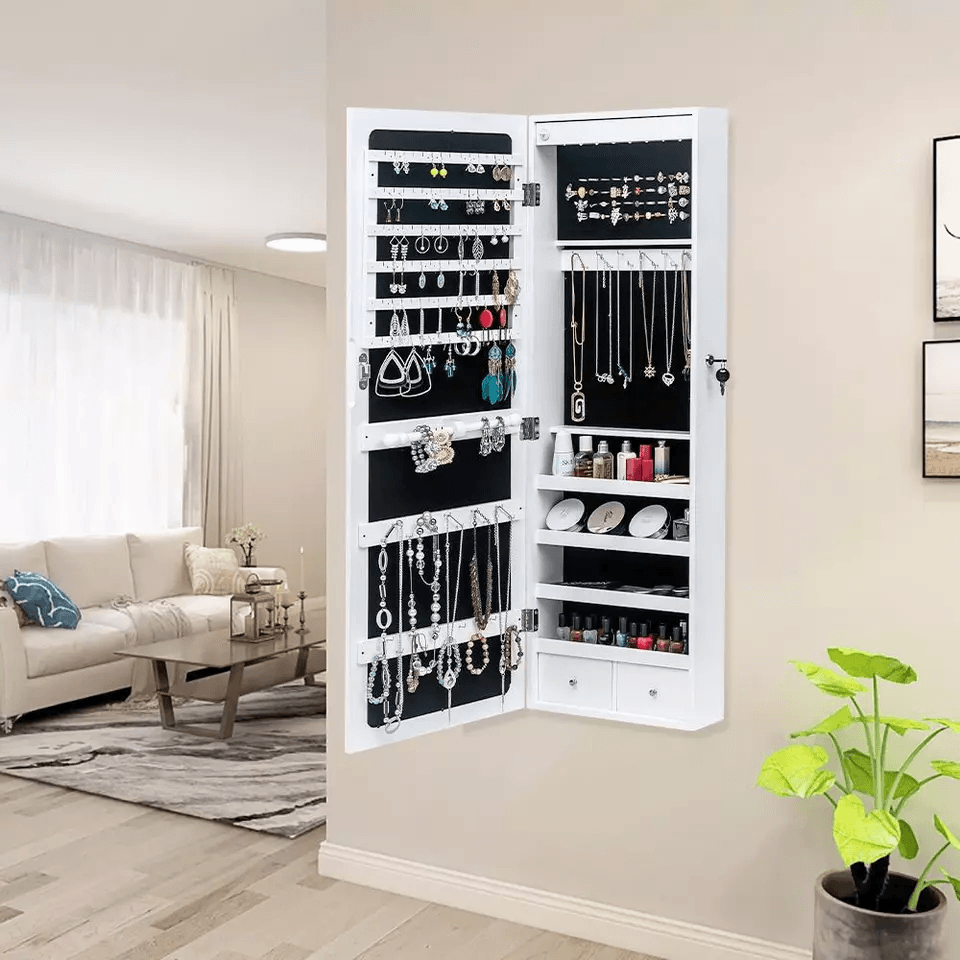 Wall  Door Mounted Mirror Jewelry Cabinet With Lock LED Lighted Armoire Organizer For Secure Storag 2