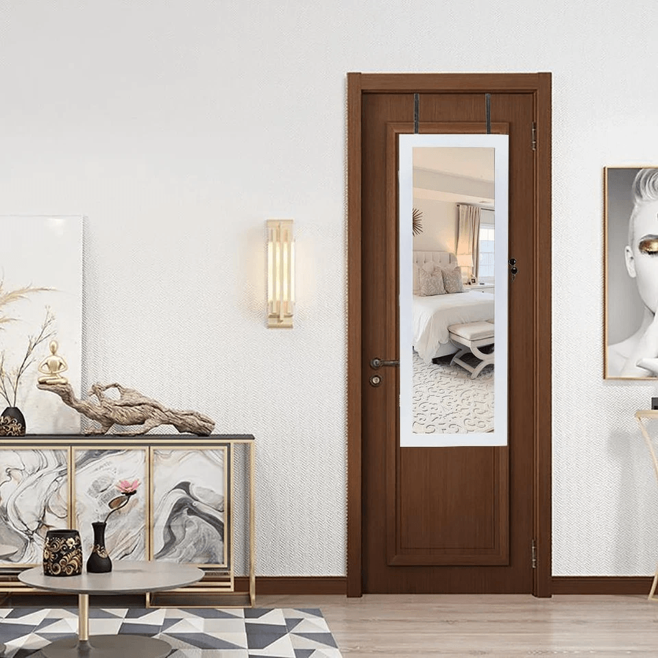 Wall  Door Mounted Mirror Jewelry Cabinet With Lock LED Lighted Armoire Organizer For Secure Storag 1