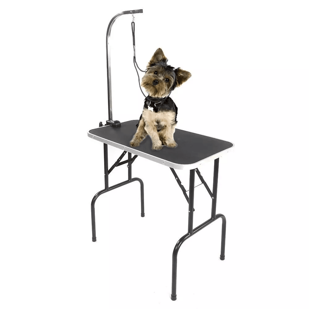 Large Pet Grooming Table Folding Dog Cat Table with Arm, Noose & Mesh Tray, Portable Black Grooming Station for Home