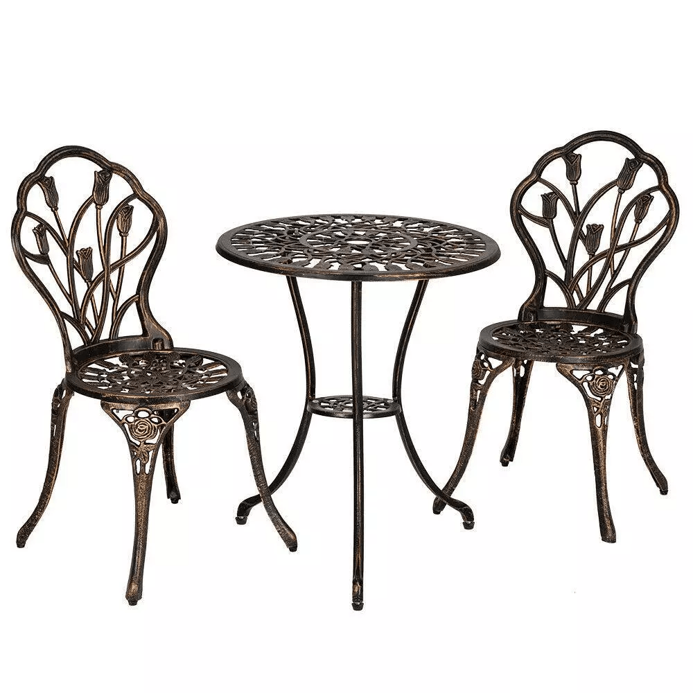 3 Piece Outdoor Garden Bistro Set, Bronze Iron Table & Chairs