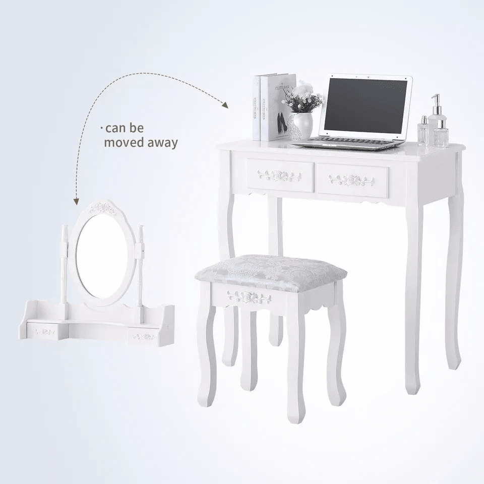 White Vanity Dressing Table Set With Mirror  Stool 4 Drawer Makeup Desk For Bedroom Elegant MDF Woo 7