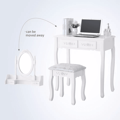 White Vanity Dressing Table Set With Mirror  Stool 4 Drawer Makeup Desk For Bedroom Elegant MDF Woo 7