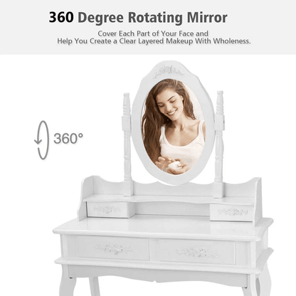 White Vanity Dressing Table Set With Mirror  Stool 4 Drawer Makeup Desk For Bedroom Elegant MDF Woo 6