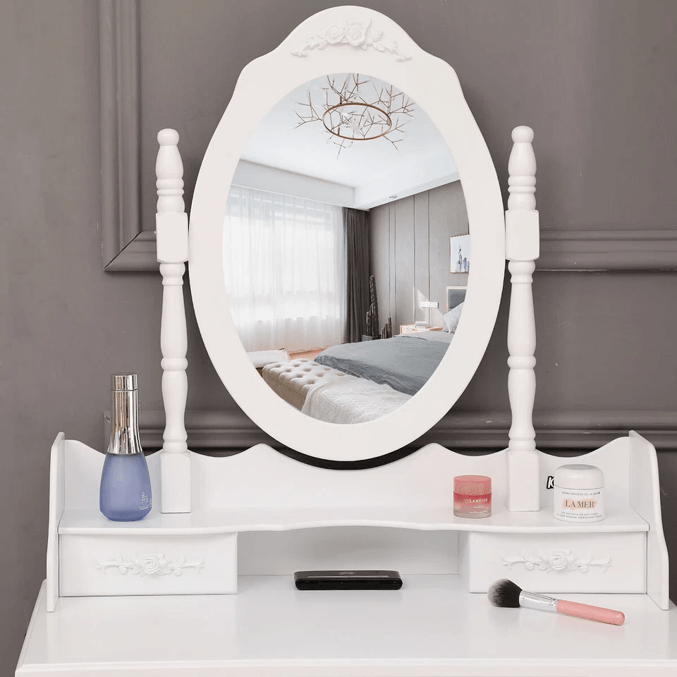 White Vanity Dressing Table Set With Mirror  Stool 4 Drawer Makeup Desk For Bedroom Elegant MDF Woo 3
