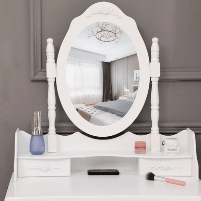 White Vanity Dressing Table Set With Mirror  Stool 4 Drawer Makeup Desk For Bedroom Elegant MDF Woo 3