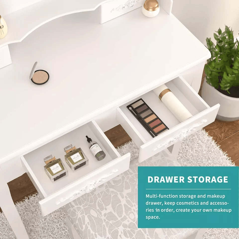 White Vanity Dressing Table Set With Mirror  Stool 4 Drawer Makeup Desk For Bedroom Elegant MDF Woo 4