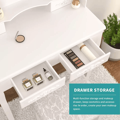 White Vanity Dressing Table Set With Mirror  Stool 4 Drawer Makeup Desk For Bedroom Elegant MDF Woo 4