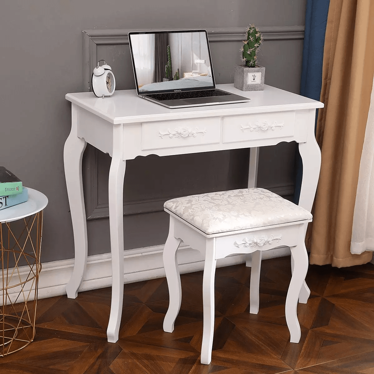 White Vanity Dressing Table Set With Mirror  Stool 4 Drawer Makeup Desk For Bedroom Elegant MDF Woo 1