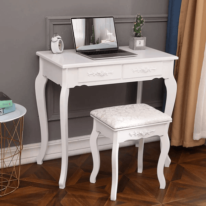 White Vanity Dressing Table Set With Mirror  Stool 4 Drawer Makeup Desk For Bedroom Elegant MDF Woo 1