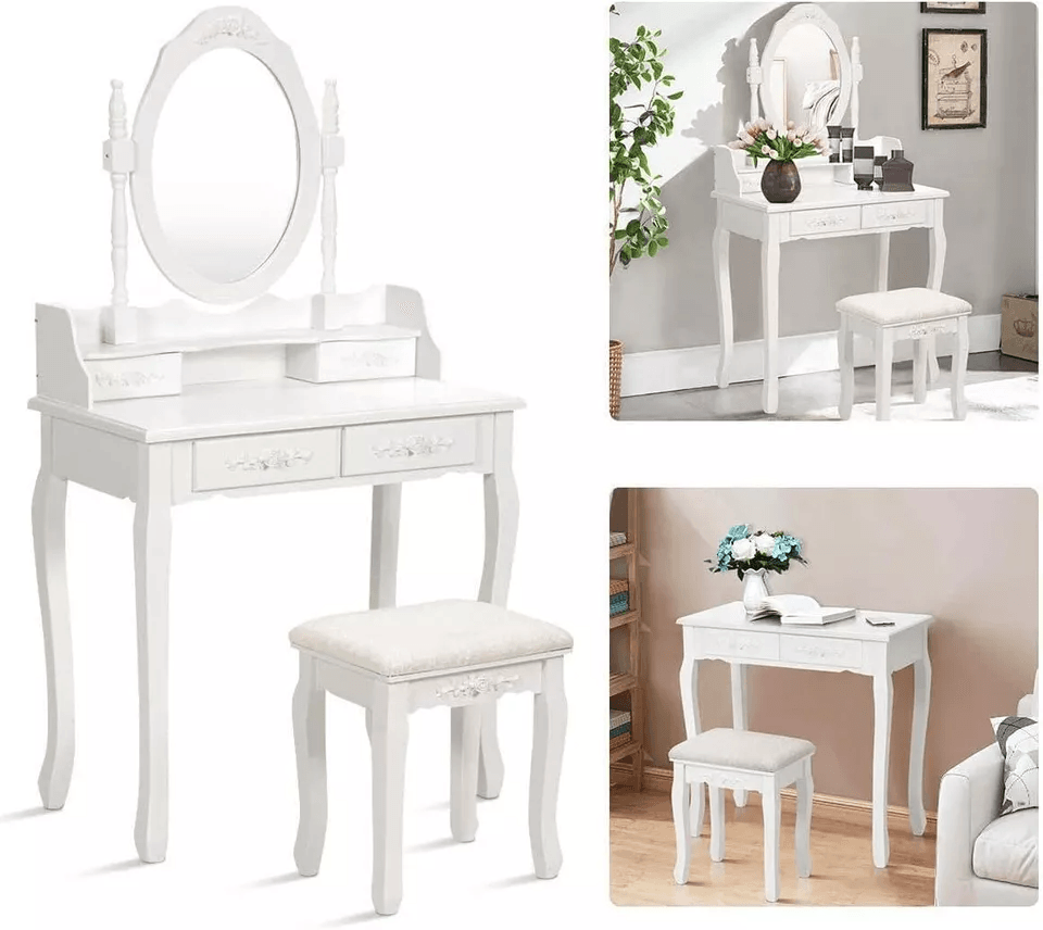 White Vanity Dressing Table Set With Mirror  Stool 4 Drawer Makeup Desk For Bedroom Elegant MDF Woo 5