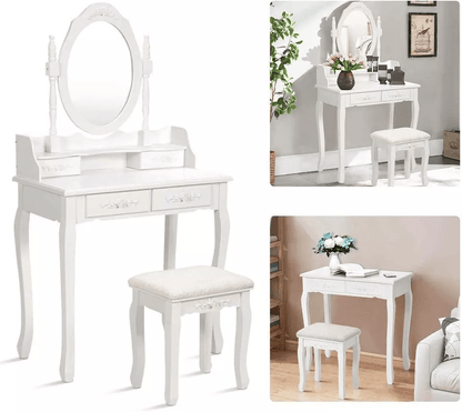 White Vanity Dressing Table Set With Mirror  Stool 4 Drawer Makeup Desk For Bedroom Elegant MDF Woo 5