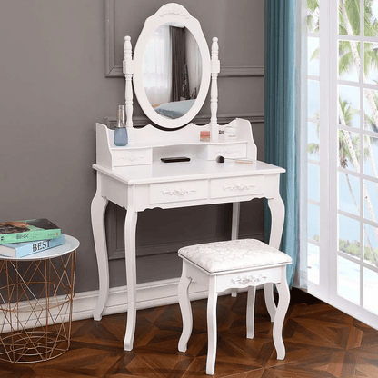 White Vanity Dressing Table Set with Mirror & Stool 4 Drawer Makeup Desk for Bedroom, Elegant MDF Wood Vanity Furniture