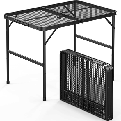 Camping Table Folding Grill Table with Mesh Desktop, Portable Aluminum Picnic Table for BBQ, Outdoor, Beach & Campfire
