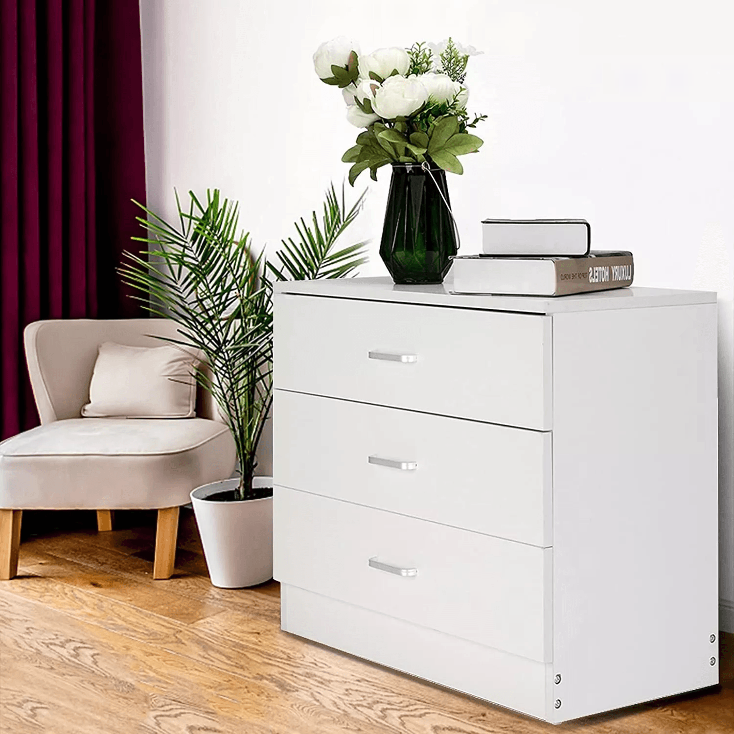 Bedroom Storage Dresser 3 Drawers with Cabinet, White Wood Furniture for Kid's Room Organizer