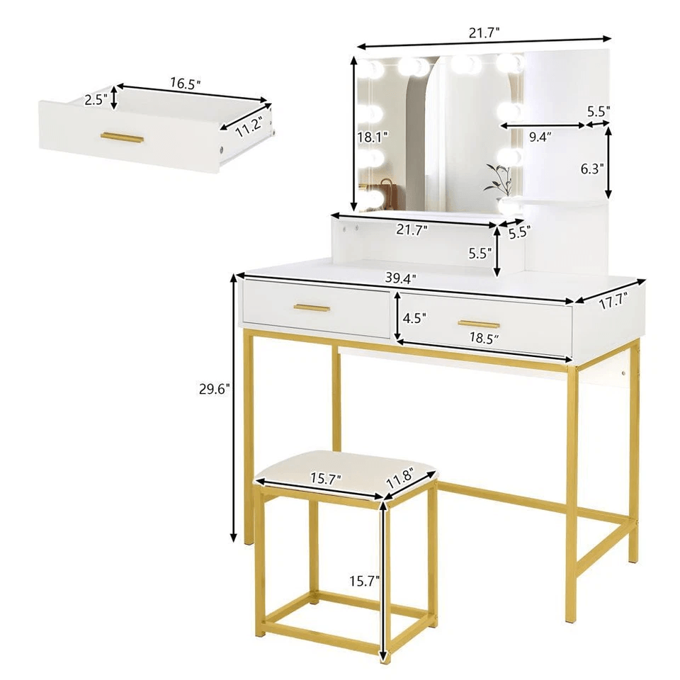 LED Vanity Set With Lighted Mirror Cushioned Stool Dressing Table Makeup Table 6