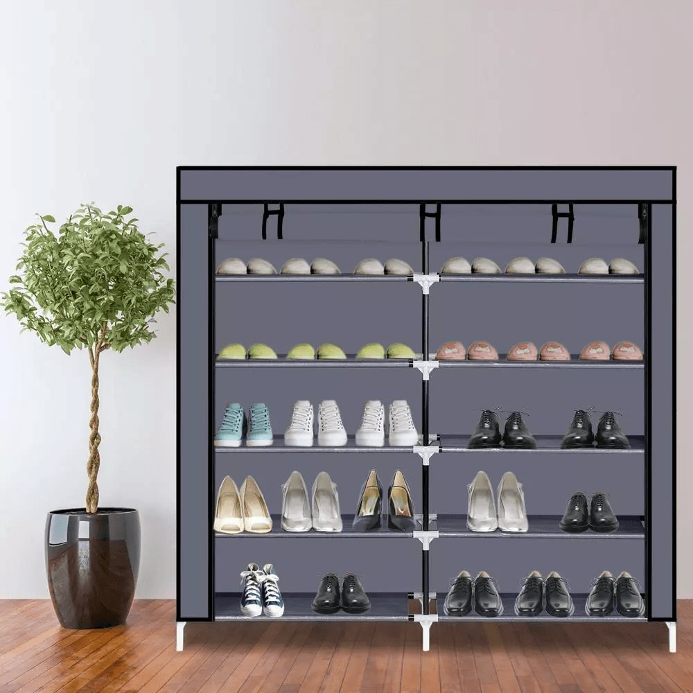 6 Tier Shoe Rack Storage Organizer for Portable Double Row Shoe Shelf with Cover for Closet, Entryway, Bedroom, Garage
