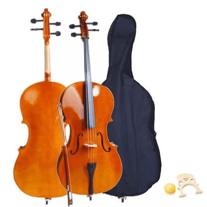 Full Size Natural Cello with Case, Bow, Rosin & Bridge, Ideal for Beginners & Professionals