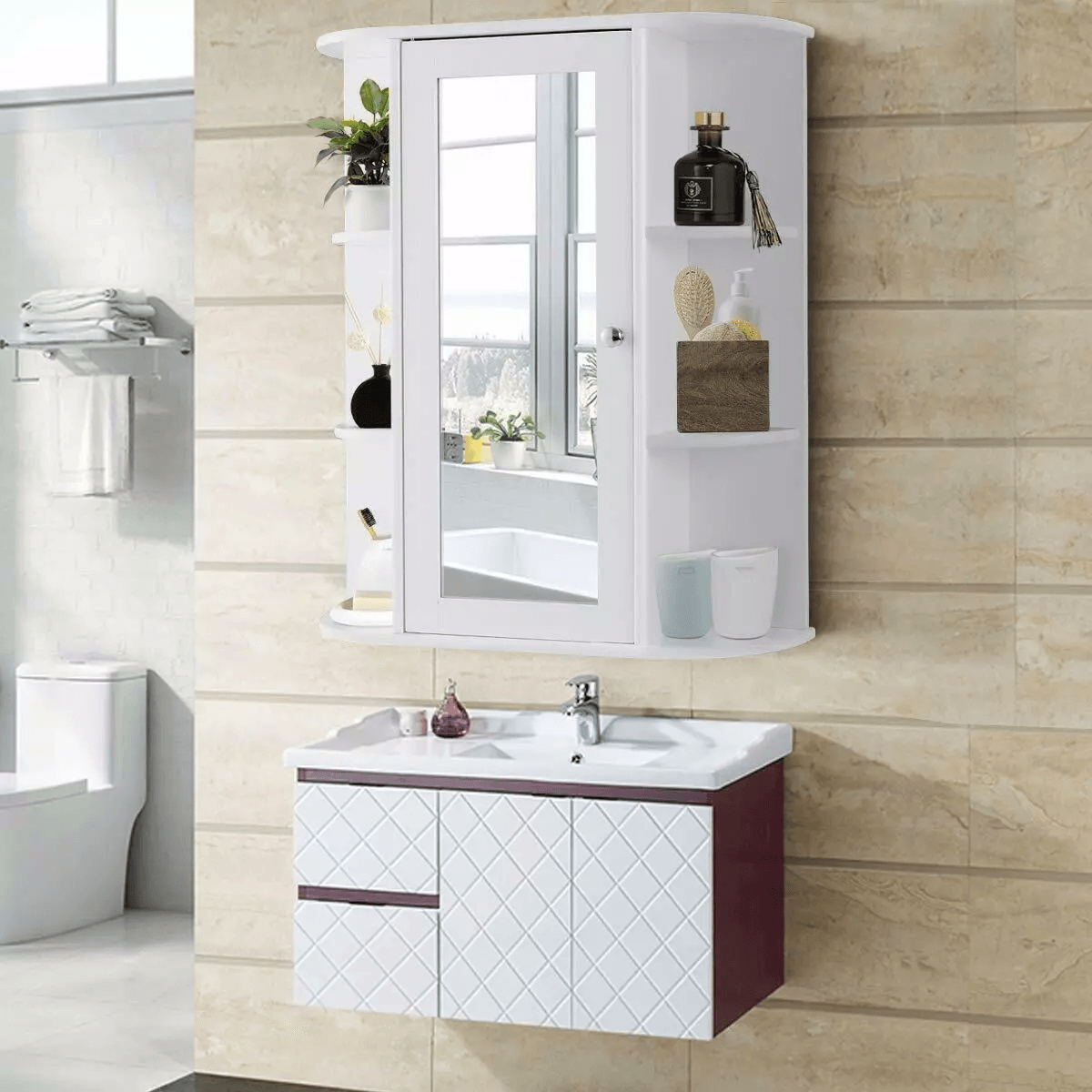 Home Bathroom Wall Mount Cabinet Storage Shelf Over Toilet with Mirror Door White MDF Medicine Cabinet for Small Space
