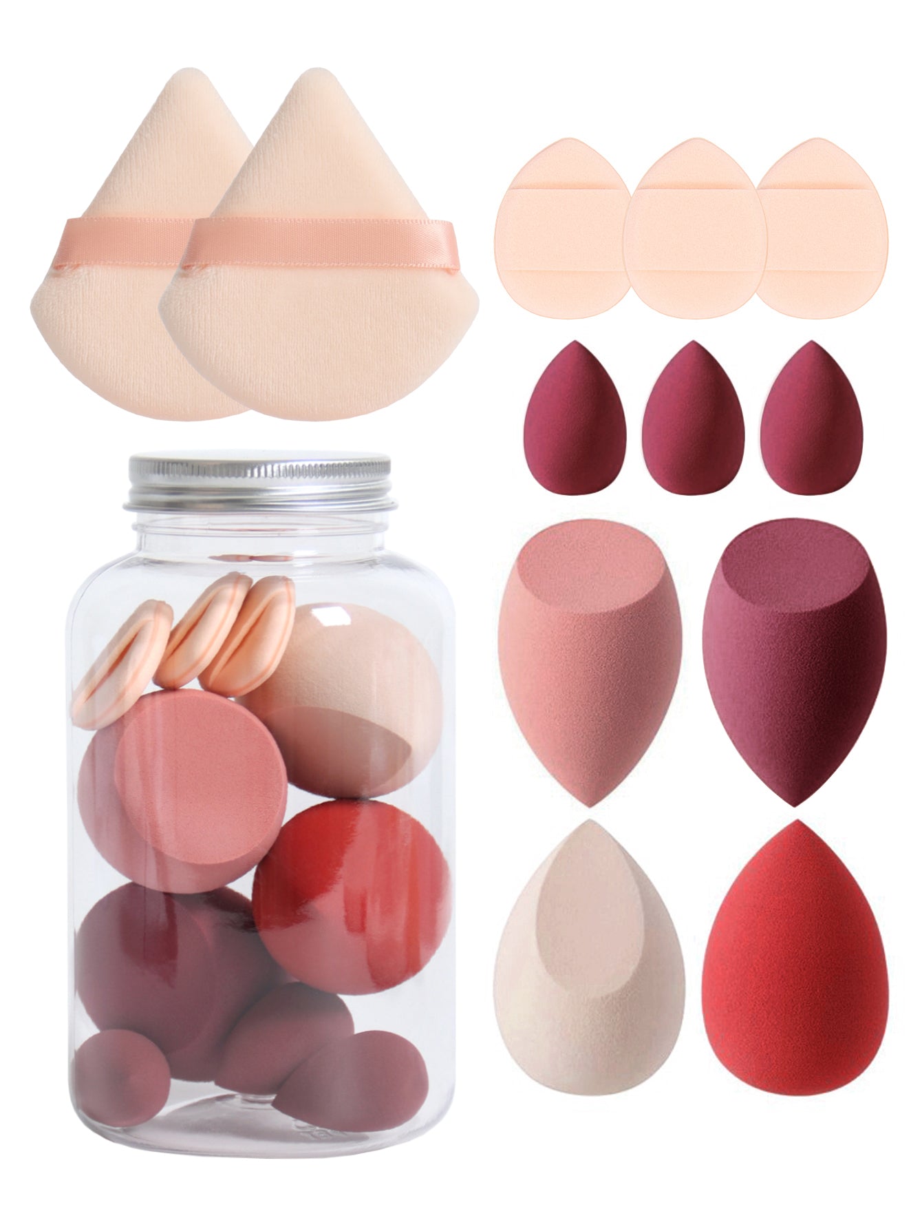 Makeup Sponge Set with Storage Jar, Latex-Free Finger Puff for Wet & Dry Foundation Application