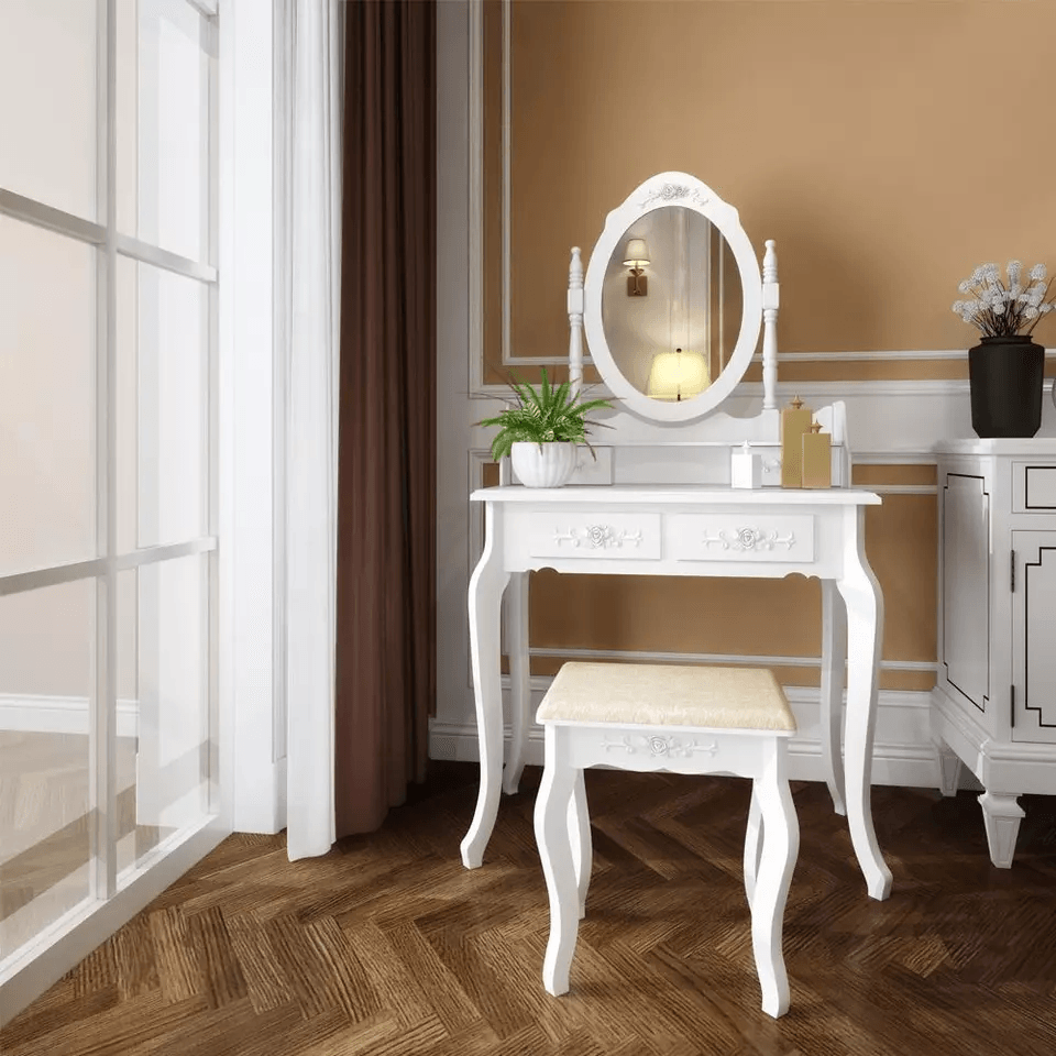 Makeup Vanity Desk With Mirror  4 Drawers  Elegant Bedroom Dressing Table Set 3