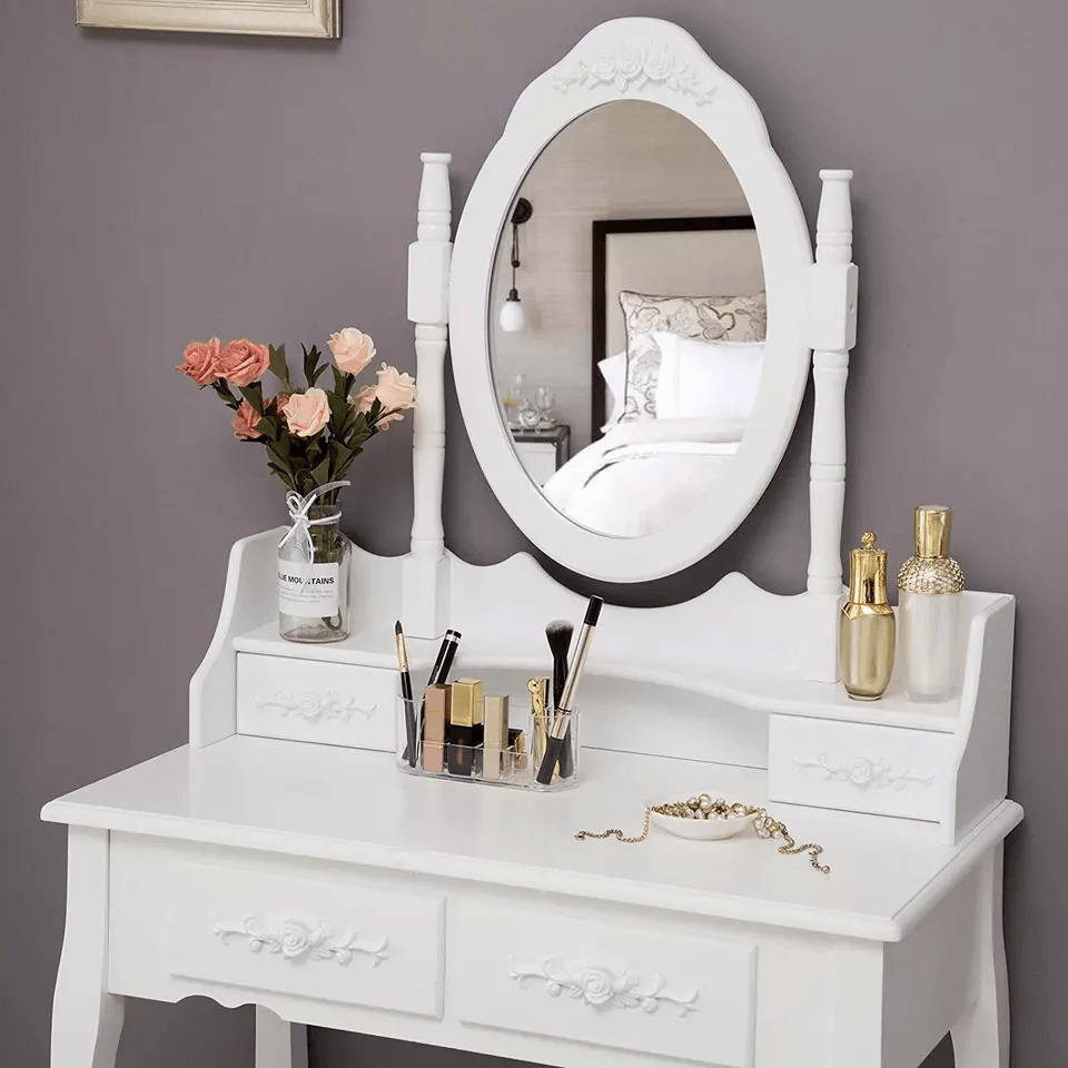 Makeup Vanity Desk With Mirror  4 Drawers  Elegant Bedroom Dressing Table Set 2
