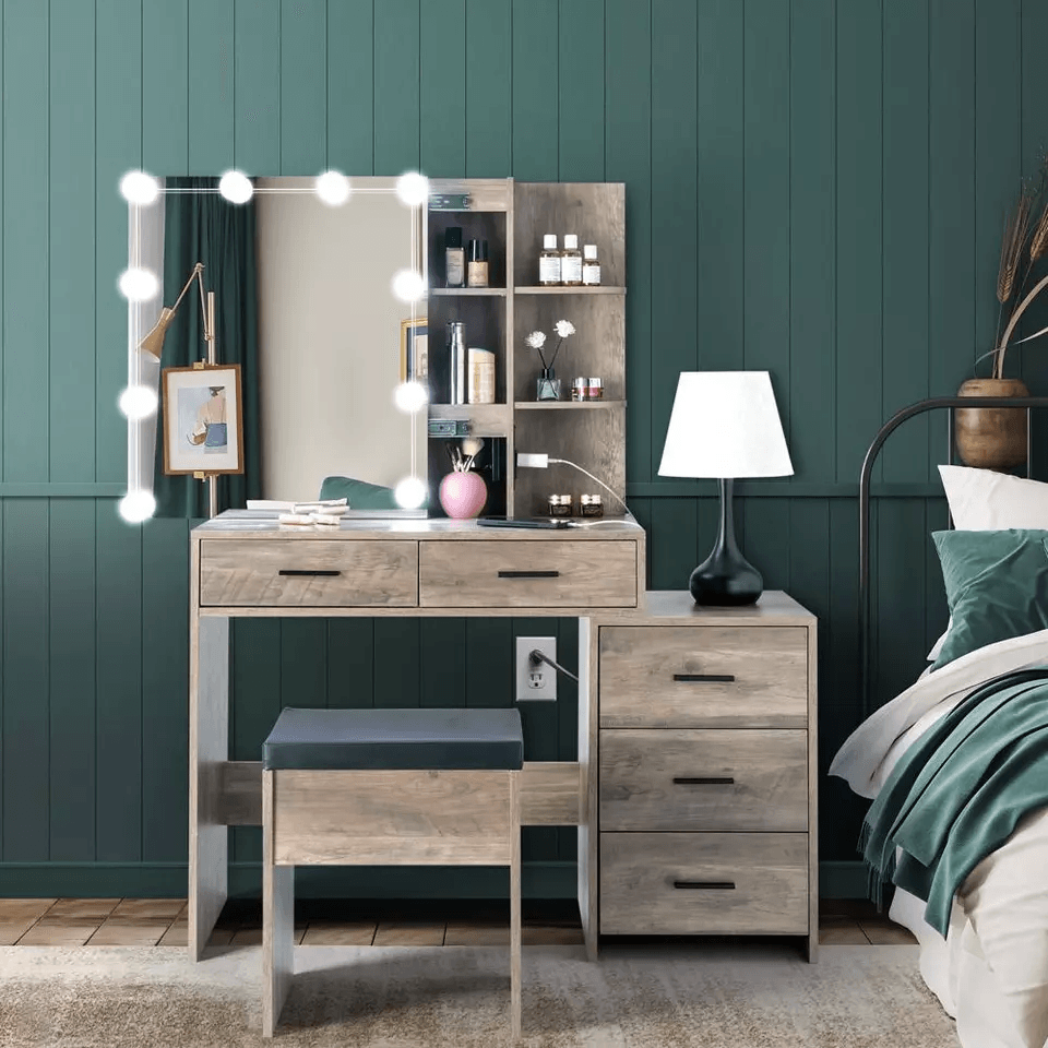 LED Lighted Vanity Set With Sliding Mirror  5 Drawer Makeup Dressing Table 1
