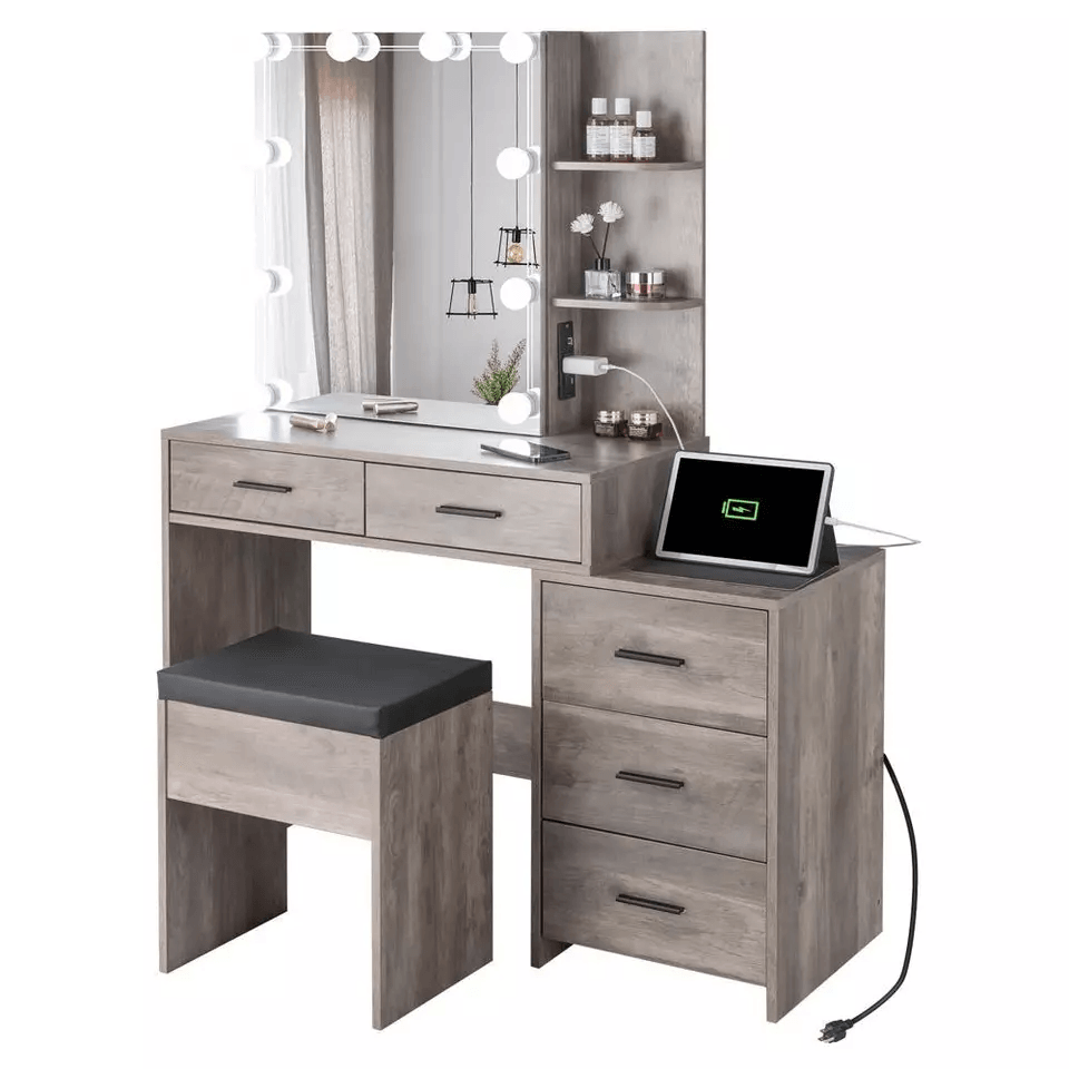 LED Lighted Vanity Set With Sliding Mirror  5 Drawer Makeup Dressing Table 2