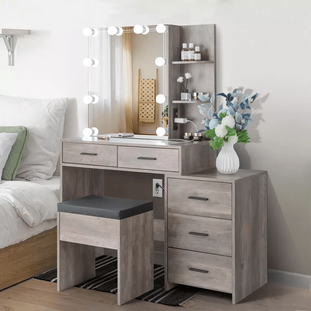 LED Lighted Vanity Set with Sliding Mirror & 5 Drawer Makeup Dressing Table