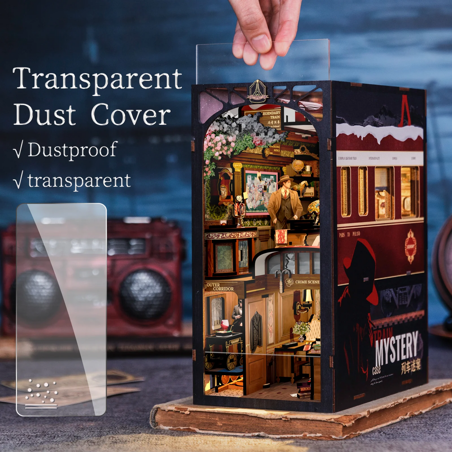 Detective Train Mystery DIY Book Nook 3D Wooden Dollhouse Puzzle with Touch Light  Bookshelf Inser
