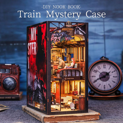 Detective Train Mystery DIY Book Nook 3D Wooden Dollhouse Puzzle with Touch Light  Bookshelf Inser