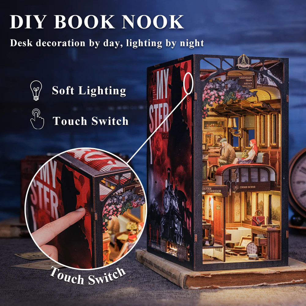 Detective Train Mystery DIY Book Nook 3D Wooden Dollhouse Puzzle with Touch Light  Bookshelf Inser