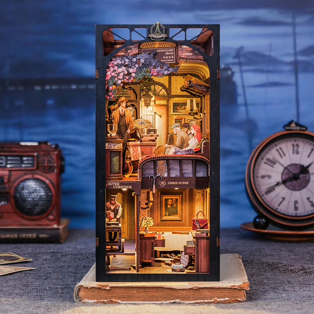 Detective Train Mystery DIY Book Nook, 3D Wooden Dollhouse Puzzle with Touch Light & Bookshelf Insert – Unique Gift Idea