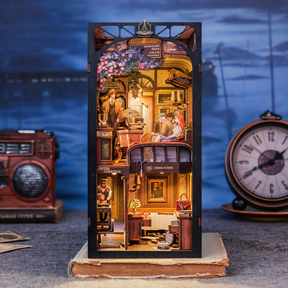 Detective Train Mystery DIY Book Nook, 3D Wooden Dollhouse Puzzle with Touch Light & Bookshelf Insert – Unique Gift Idea