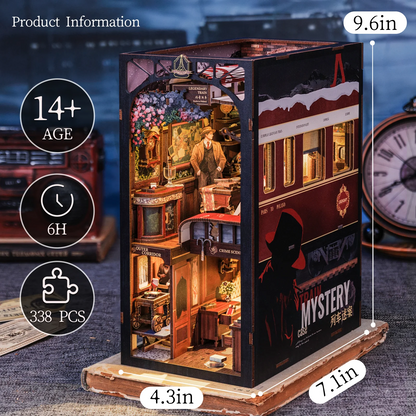 Detective Train Mystery DIY Book Nook 3D Wooden Dollhouse Puzzle with Touch Light  Bookshelf Inser