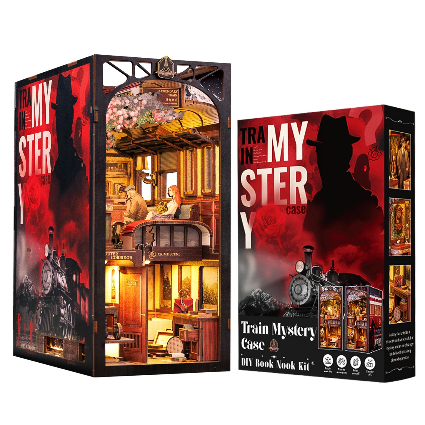 Detective Train Mystery DIY Book Nook 3D Wooden Dollhouse Puzzle with Touch Light  Bookshelf Inser