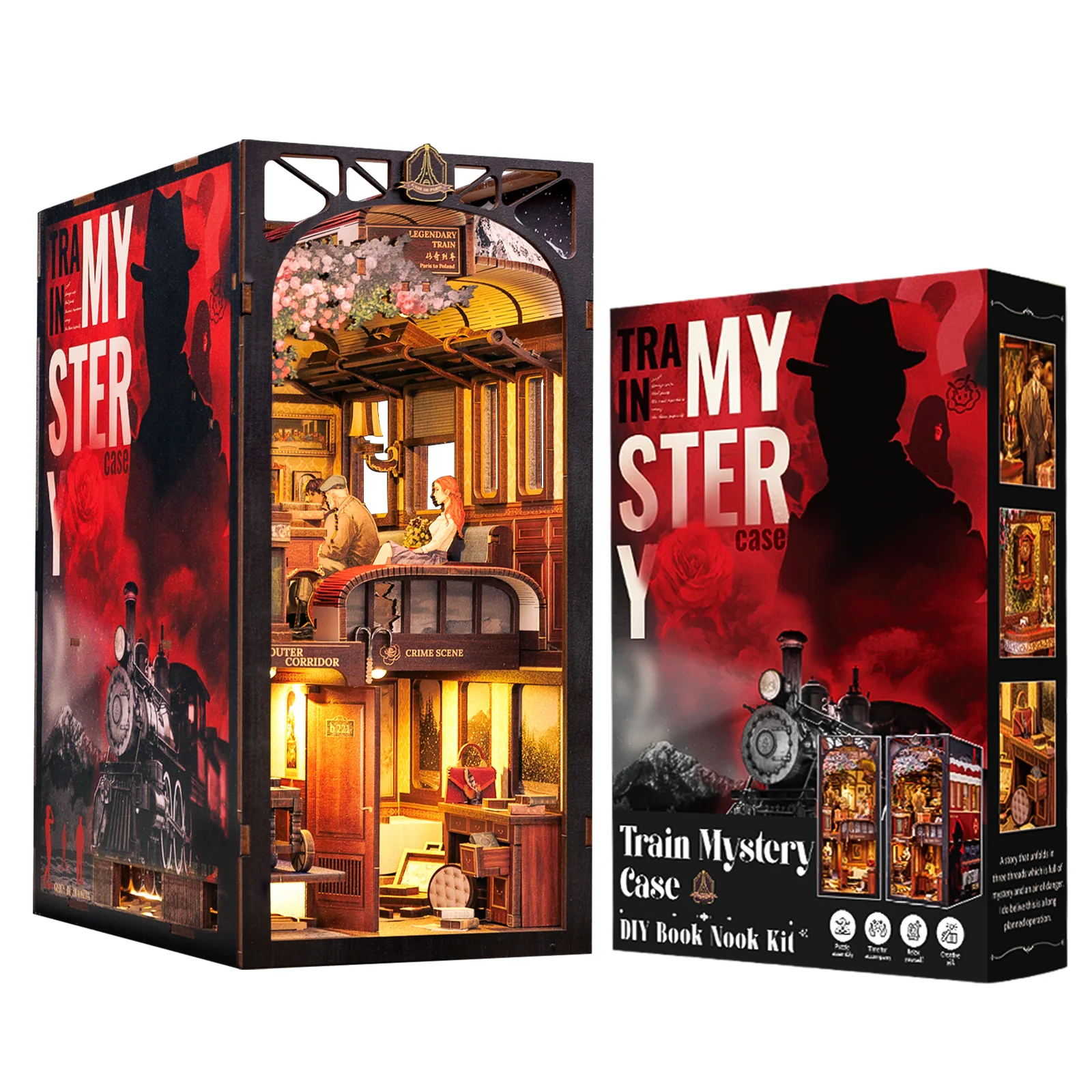 Detective Train Mystery DIY Book Nook 3D Wooden Dollhouse Puzzle with Touch Light  Bookshelf Inser