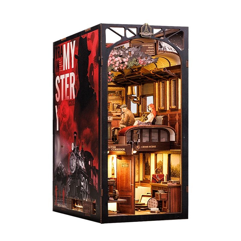 Detective Train Mystery DIY Book Nook 3D Wooden Dollhouse Puzzle with Touch Light  Bookshelf Inser