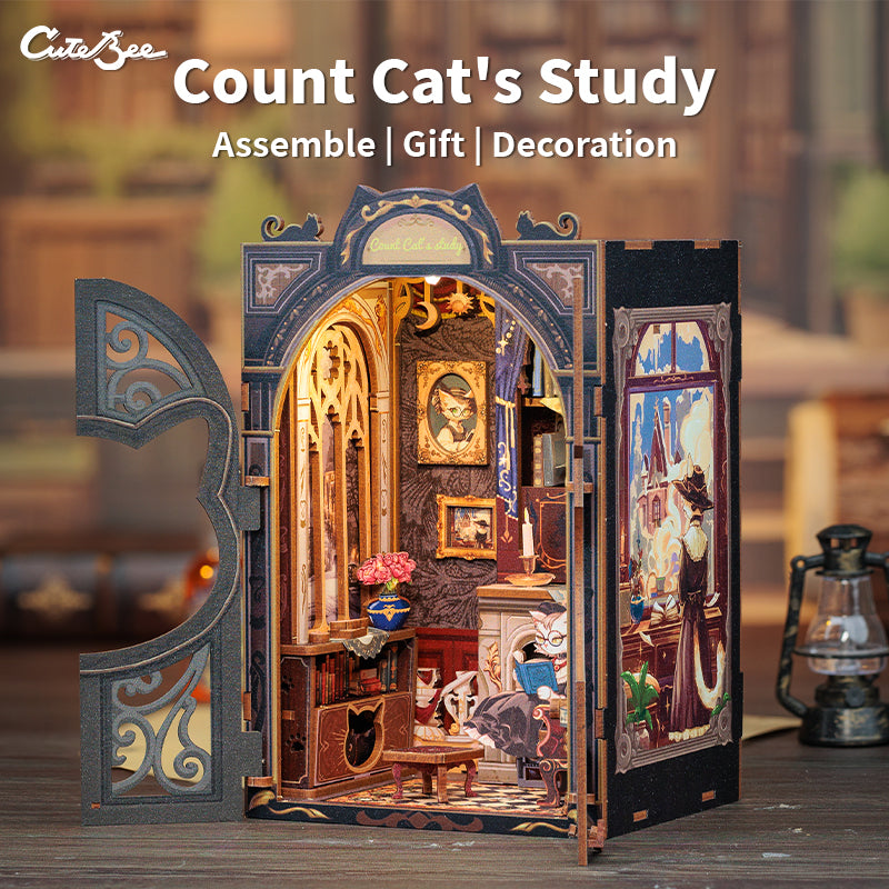 Wooden DIY Book Nook Kit Miniature Dollhouse with Lights  3D Puzzle Bookshelf Insert Decor  Cats