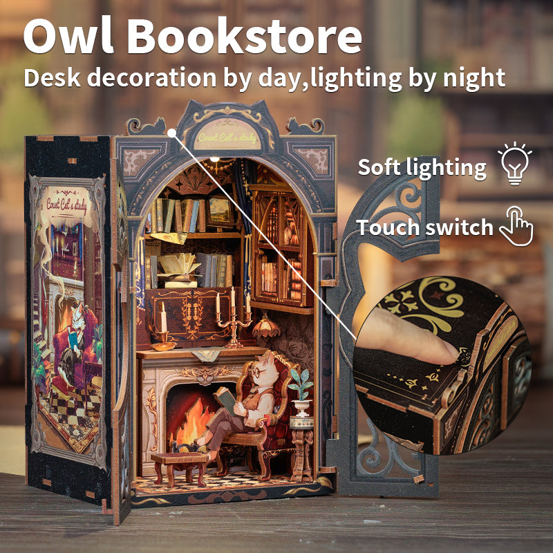Wooden DIY Book Nook Kit Miniature Dollhouse with Lights  3D Puzzle Bookshelf Insert Decor  Cats