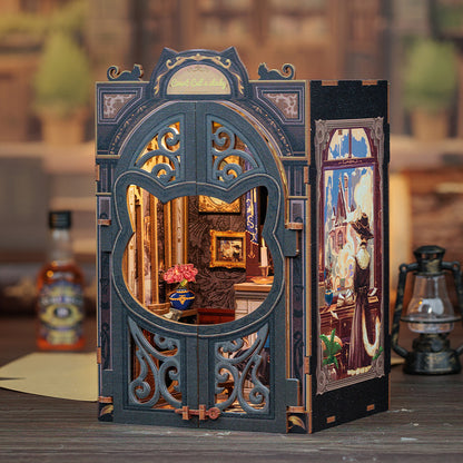 Wooden DIY Book Nook Kit Miniature Dollhouse with Lights  3D Puzzle Bookshelf Insert Decor  Cats
