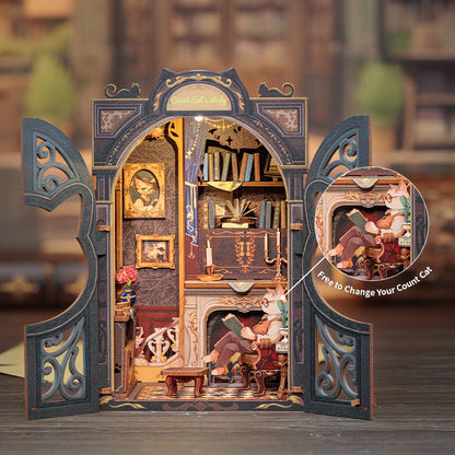 Wooden DIY Book Nook Kit, Miniature Dollhouse with Lights – 3D Puzzle Bookshelf Insert Decor – Cats Study Room