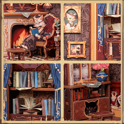 Wooden DIY Book Nook Kit Miniature Dollhouse with Lights  3D Puzzle Bookshelf Insert Decor  Cats