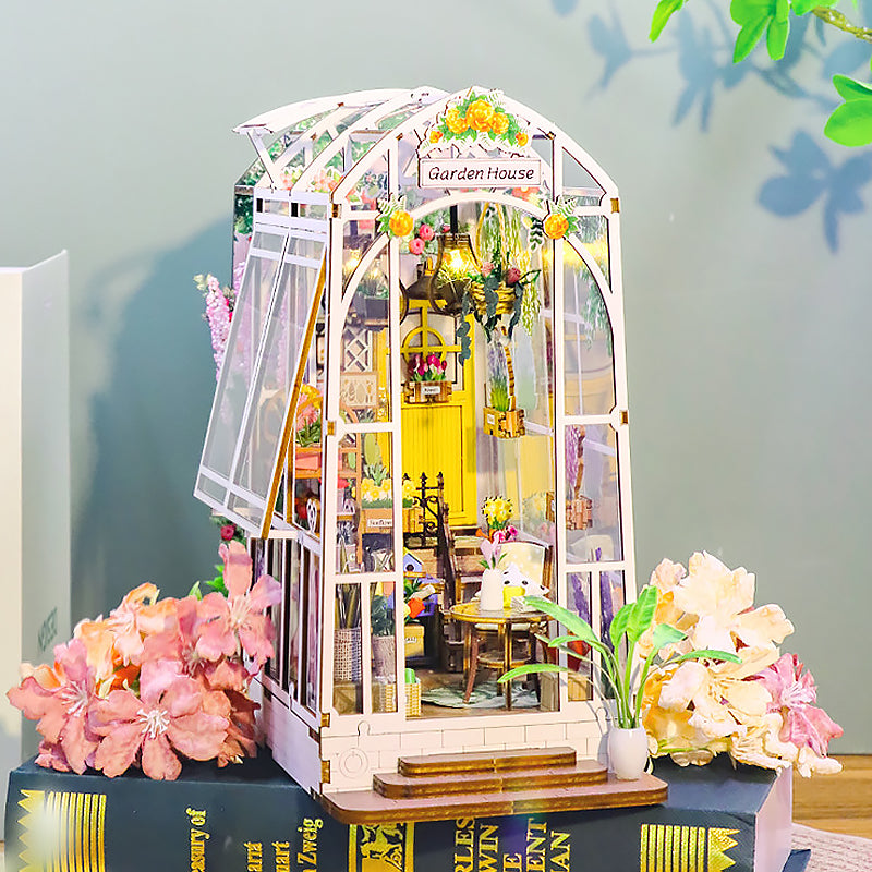 Wooden Garden House DIY Book Nook, 3D Puzzle Flower Dollhouse Bookshelf Insert with LED Lights