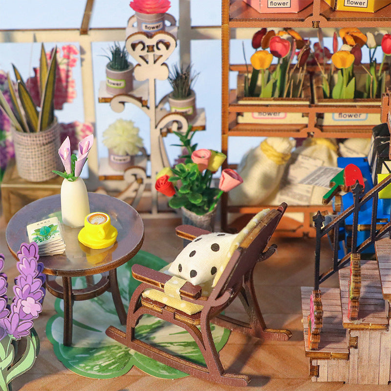 Wooden Garden House DIY Book Nook 3D Puzzle Flower Dollhouse Bookshelf Insert with LED Lights