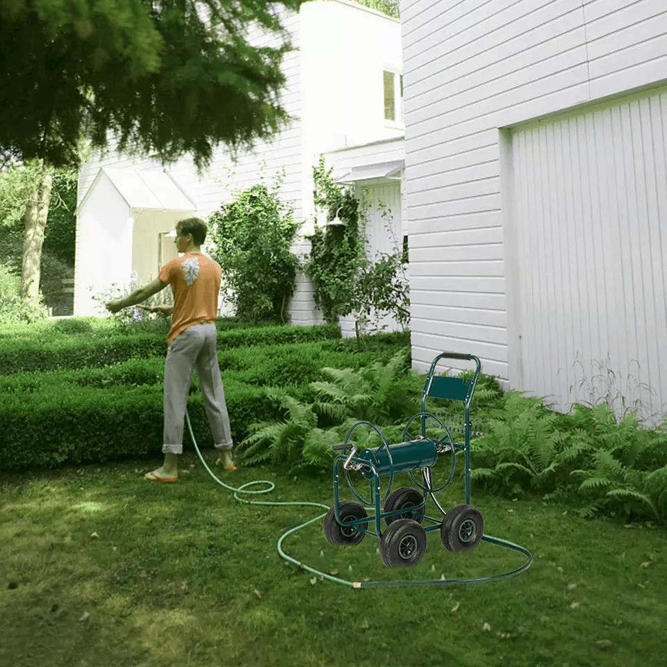 HeavyDuty Garden Metal Hose Reel Cart With Storage Basket  300ft Capacity 10 Pneumatic Wheels For Y 5